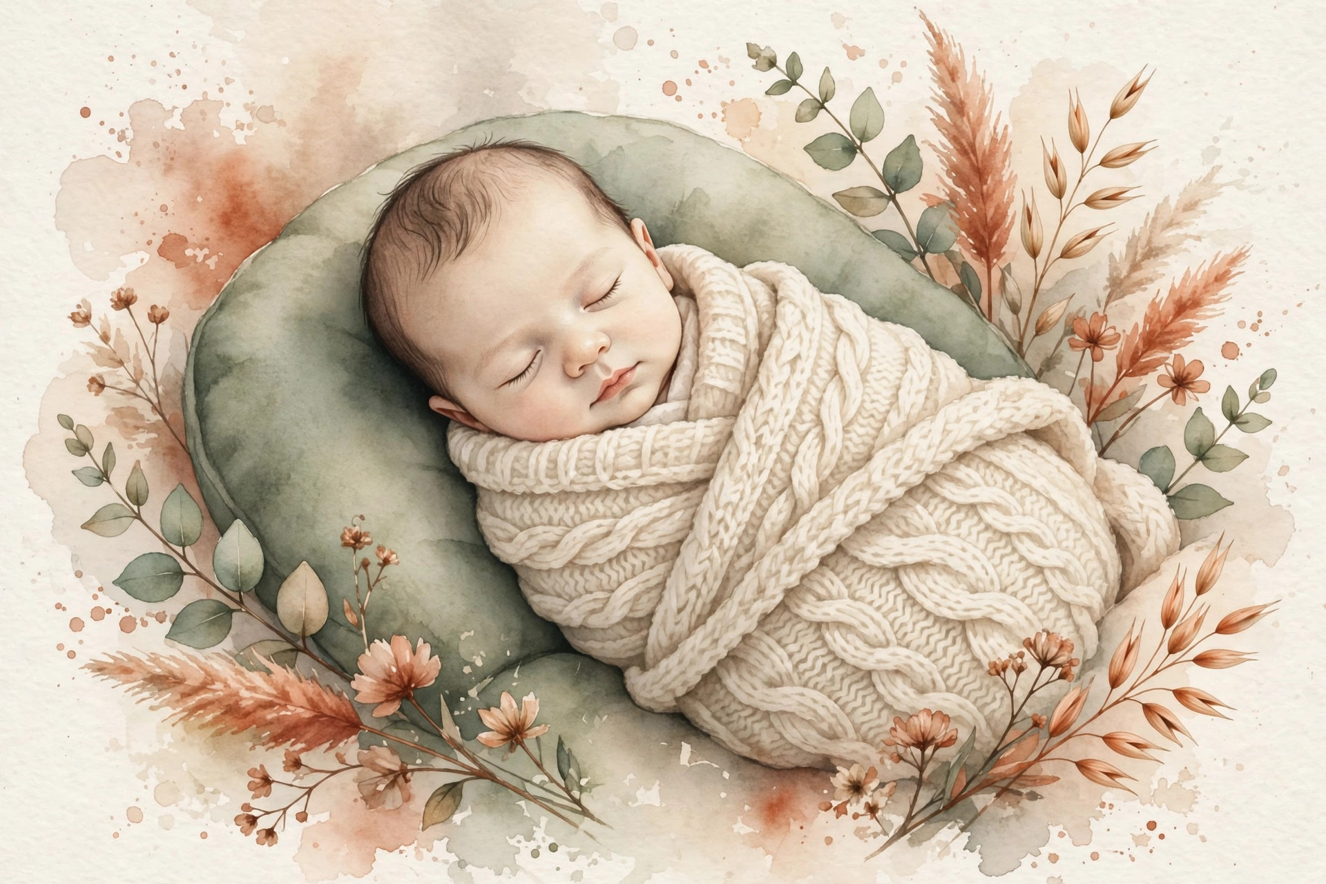 Watercolor illustration of a sleeping newborn baby